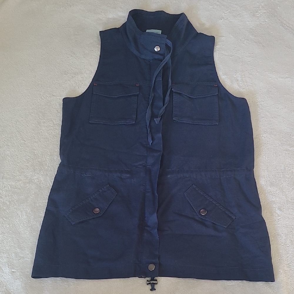C&C California Linen Blend Utility Vest Navy Blue Small Zip Snap Pockets Boho